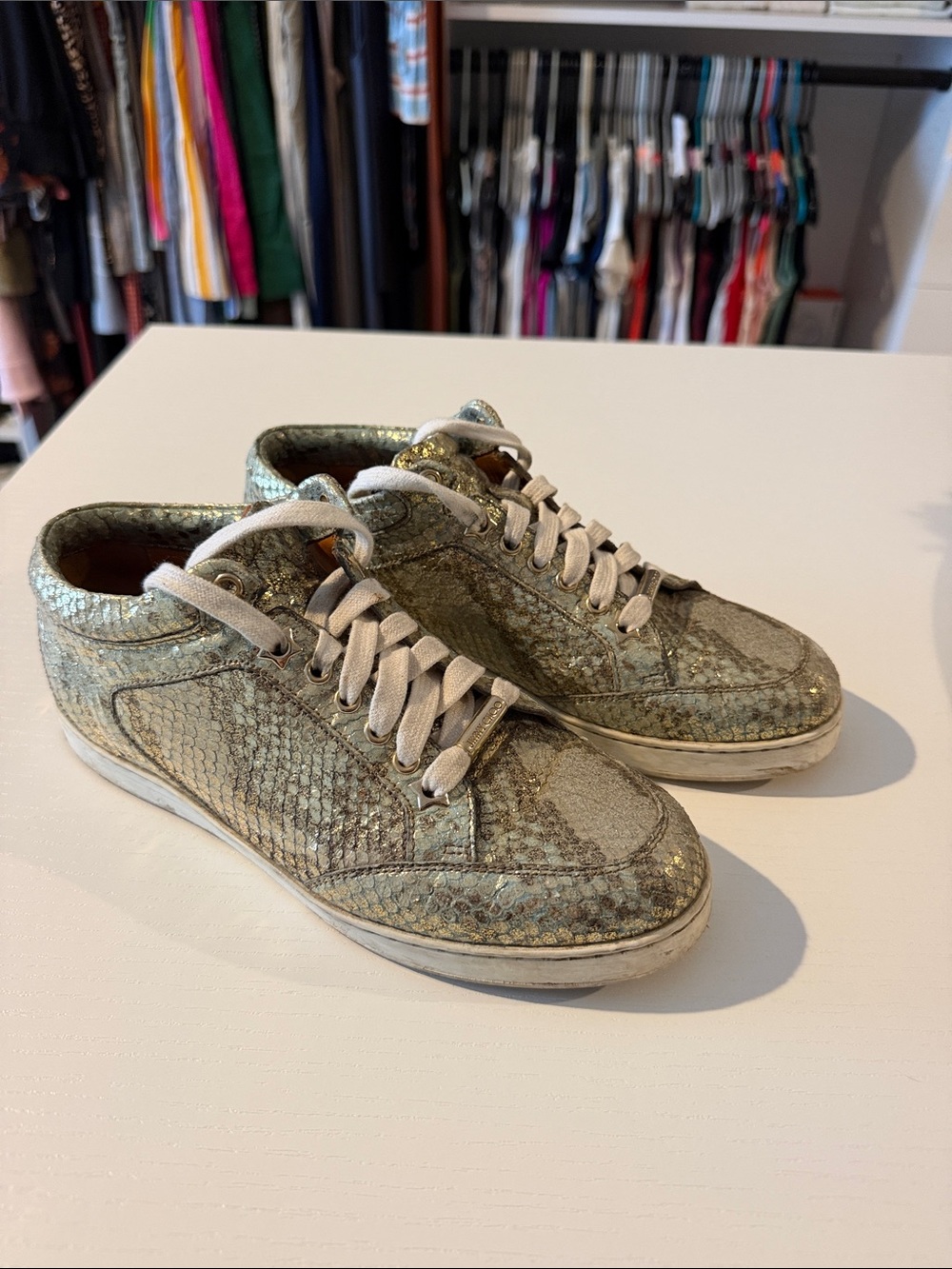 Jimmy Choo Metallic Snake Skin Low-Top Sneakers